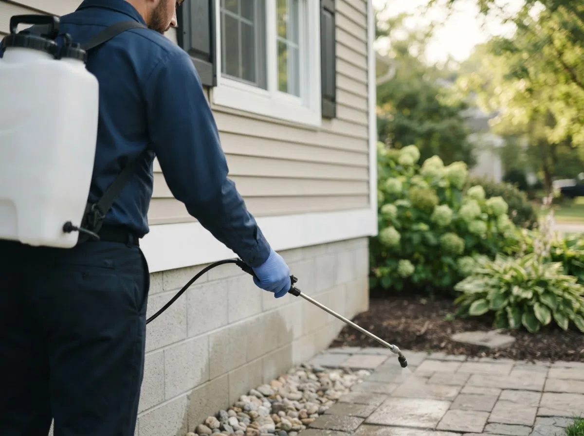 Pest control technician inspecting a home in Van Buren, OH